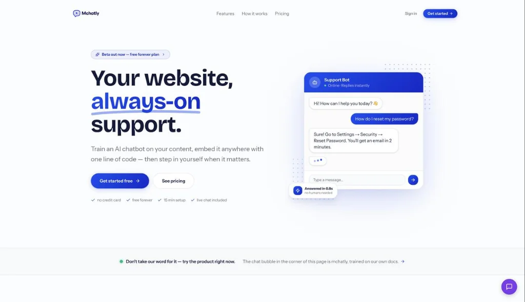 mchatly landing page and live support bot